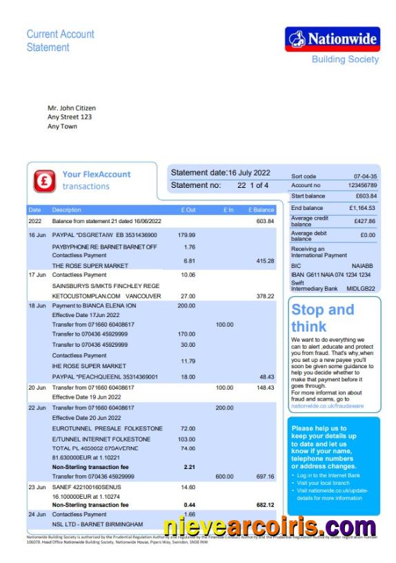 United Kingdom Nationwide bank statement, Word and PDF, 5 pages, version 2